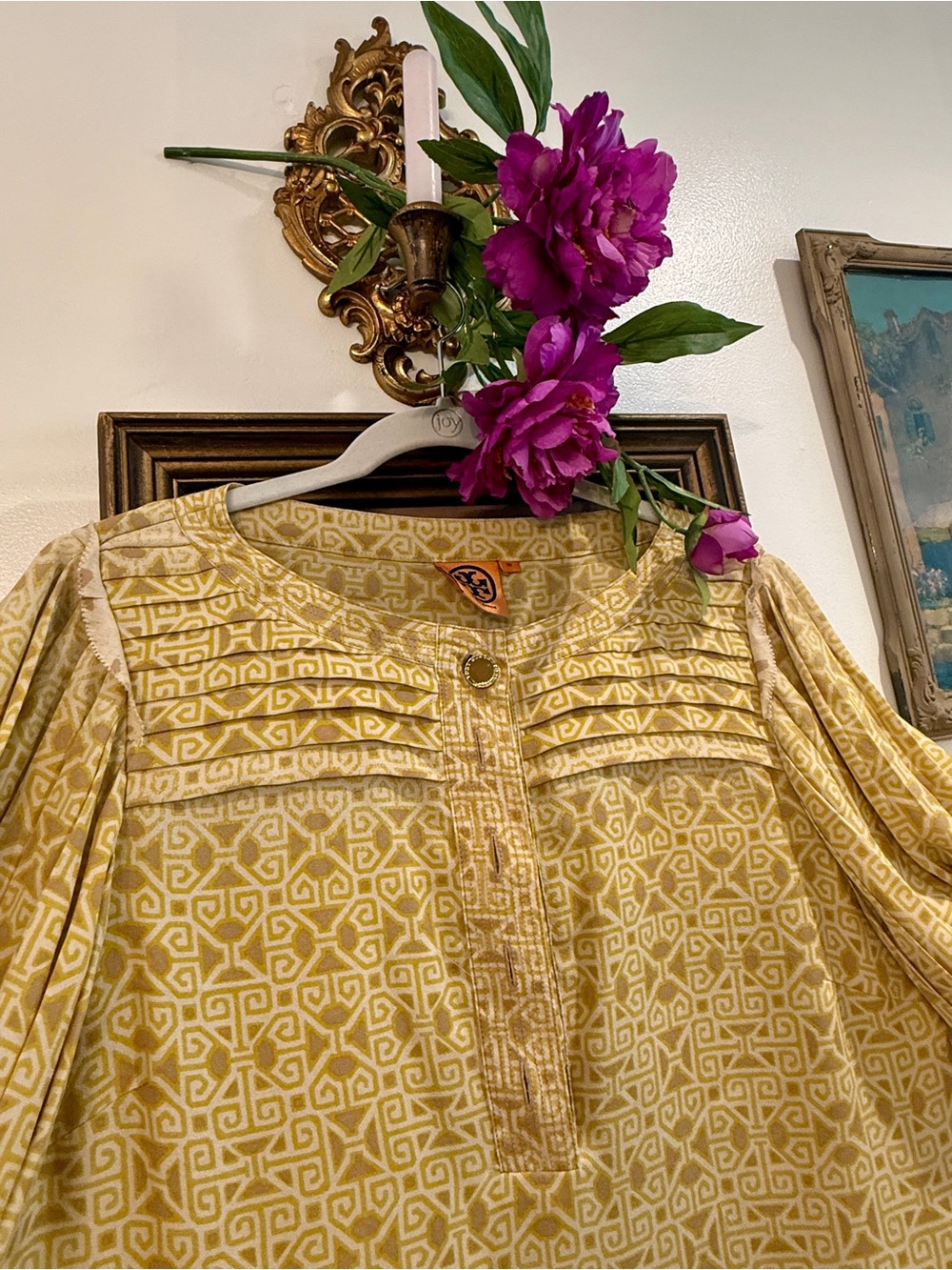 Tory Burch Yellow Geometric 100% Silk Blouse - Picture 2 of 7